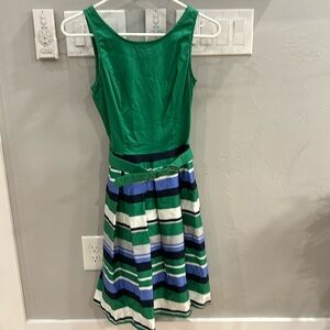 Banana Republic green dress with green, white, periwinkle and navy stripes